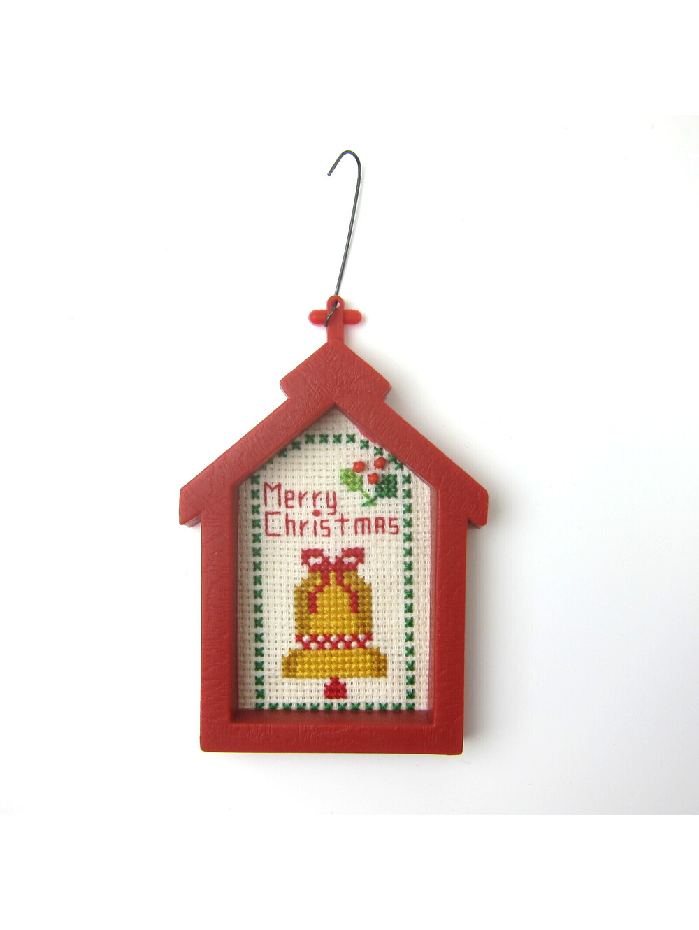 Vintage Cross Stitch Christmas Ornament Holiday Bell Red Church Frame 1987